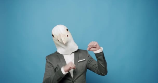 带着鸽子面具的人做着滑稽的手势 带着鸽子面具的人快乐与快乐的概念 有趣的家伙在灰色西装舞与鸽子面具 有乐趣 党的万圣节 慢动作Masquarade想法 — 图库视频影像
