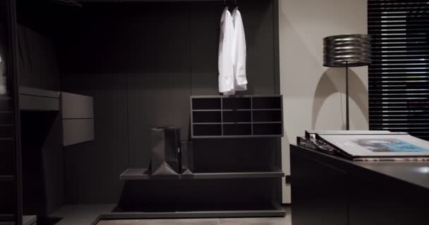 时尚公寓里的现代开放空间衣柜 加德罗贝风格简约 家居生活 室内环境现代 衣帽架 白色衬衫在衣帽间 有组织的空间 — 图库视频影像
