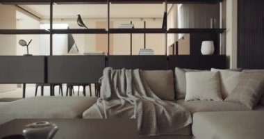 Modern oturma odasının ayrıntıları, yumuşak ekose ve dekoratif yastıklı rahat kanepe, ahşap sehpa ve kitaplık. Dinlenme odasındaki ev dekoru