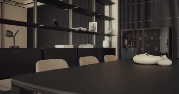 Esstisch Mit Bequemen Stühlen Zimmer Mit Modernem Interieur Moderne Holzmöbel — Stockvideo