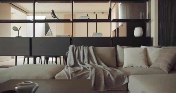 モダンなリビングルームのインテリアの詳細 柔らかい平らで装飾的なクッション 木製のコーヒーテーブル 本棚付きの快適なソファー ラウンジルームのホームデコレーション — ストック動画