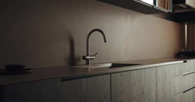 Modern iç mekanı ve minimalist tarzı olan ev mutfağı lavabosu olan paslanmaz çelik musluk ve tezgahı olan ahşap dolap. Lüks dairede tasarım ayrıntıları