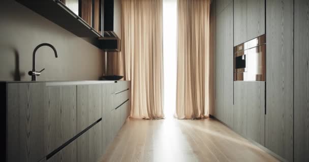 Interior Cozinha Moderna Móveis Armário Madeira Pia Com Torneira Água — Vídeo de Stock