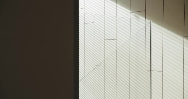 Ściana Drewnianymi Panelami Przeszklona Bariera Światło Słoneczne Mieszkaniu Dekoracja Ścienna — Wideo stockowe