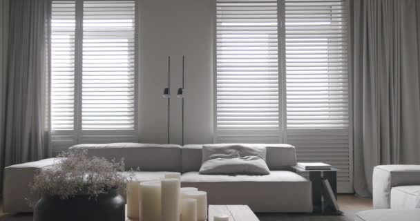 Modern Living Room Luxury Minimalist Design Real Apartment White Gray — Stock Video