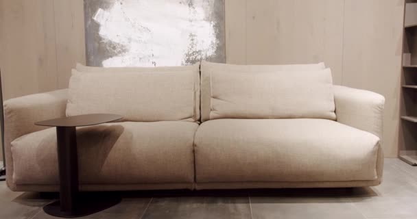 现代灰色米黄色沙发 现代客厅内饰舒适索法 现代和舒适的房子 奢华的公寓 舒适的顶层公寓里的简约家具 现代和简单的索法 — 图库视频影像