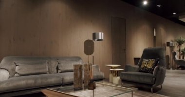 Gri mobilyaları ve tahta duvarları olan modern Minimalist oturma odası. Gri kanepeli, sandalyeli lüks Modern Ev İçi. Moda mobilyalar. Gayrimenkul özel evi.