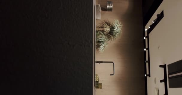 现代宽敞的木制厨房 房地产 奢华的厨房 有一个岛 豪华住宅的现代室内装饰 现代铬水龙头 新古典主义风格 舒适的内部 垂直录像 — 图库视频影像