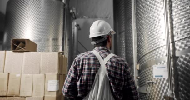 Kontroluje Kvalitu Výrobních Zařízení Vinařských Závodech Výrobna Vína Destilační Nádrže — Stock video