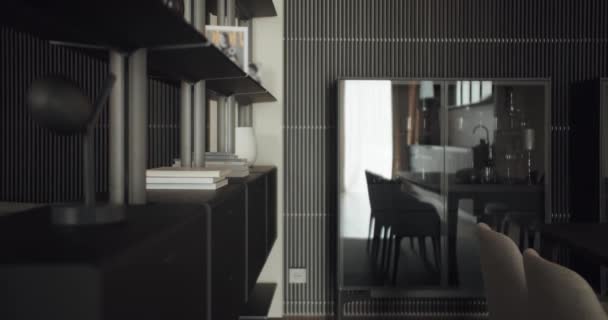 Interior Moderno Sala Estar Prateleira Livro Aparador Com Portas Vidro — Vídeo de Stock