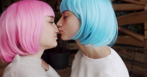 Romance Portrait Lesbian Couple Blue Pink Hair Enjoying Lgbt Rights — Stock Video