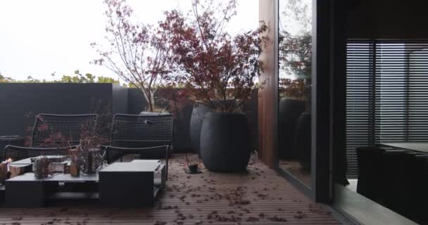 Balkonu Zdobionego Licznymi Roślinami Doniczkowymi Roztacza Się Zapierający Dech Piersiach — Wideo stockowe