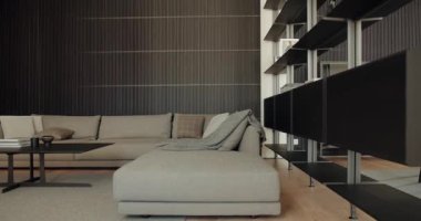 Geniş gri bir kanepe, parlak siyah raflar ve çizgili bir duvarın olduğu zarif minimalist oturma odası. Tarz ve konforun mükemmel bir karışımı. Plush Sofa ve Parlak Raflı Modern Oturma Odası Tasarımı