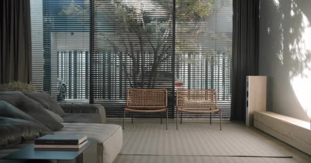 时尚藤椅 豪华沙发和充足的自然光从光滑的百叶窗中透出 现代性和舒适感的完美结合 现代客厅 — 图库视频影像
