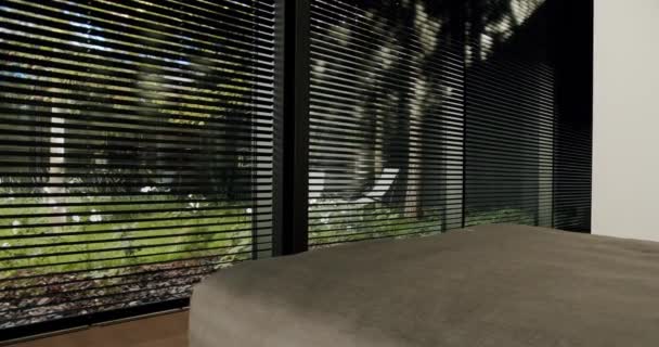 Stylish Interior Featuring Modern Blinds Serene View Greenery Perfect Blend — Stock video