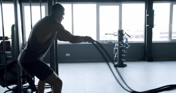 設備の整ったジムで激しいバトルロープで活発にトレーニングを行い 強さと耐久性を発揮します ジムのスポーツマン ヘビーロープワークアウトを意図的に行う — ストック動画