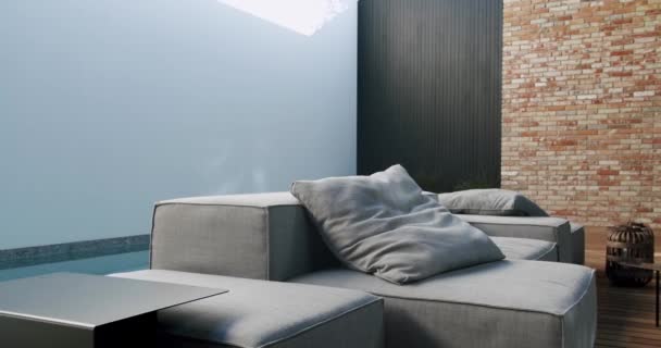 Elegante Salón Aire Libre Con Moderno Sofá Seccional Gris Cojines — Vídeo de stock