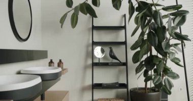 Çift lavabolu modern banyo tasarımı, büyük bir ayna ve minimalist bir raf ünitesinde dekoratif bitkiler. Modern Banyo İçi Zarif Bitki ve Dekor Elementleriyle
