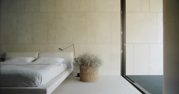 Elegantly Styled Modern Bedroom Featuring Neutral Color Palette Minimalist Design — Stockvideo