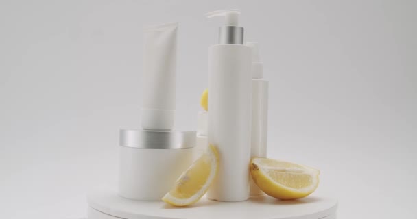 Natural Cosmetics Production Hair Skin Care White Bottles Tubes Lemon — Stock videók