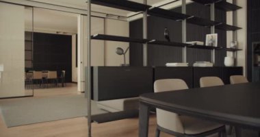 Parlak siyah mobilyalar, kitaplıklar ve çağdaş bir çalışma alanını yansıtan şık dekorların yer aldığı modern bir ofis manzarası. Şık Siyah Mobilyalı Modern Ofis Tasarımı