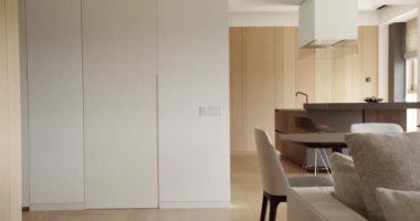 Modern interior in luxury house with white modern door. Interior of a minimalist kitchen. Domestic Kitchen with modern sink. Minimalist kitchen room in white colors with dining area of natural wood