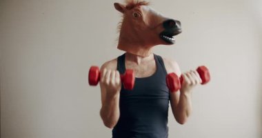 Funny man with horse mask doing exercise with weights for hand training on the white background at home. Concept of Funny Health and Fitness. Humorous stretches. Funny home workout.