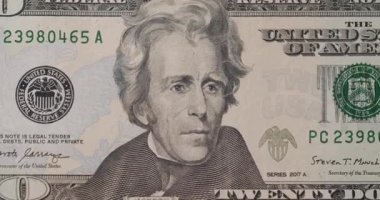 ABD Başkanı Andrew Jackson ABD 'de. 20 dolarlık Amerikan kağıt banknotu makroyu yakın çekim için ön tarafa yakınlaştır. 20 dolar nakit makro görüntü. 20 dolarlık banknotları yakınlaştır. Konsept Finans.