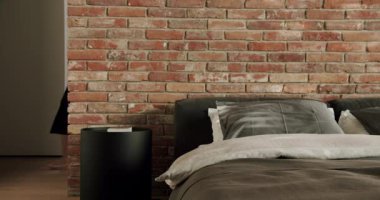 Konforlu bir yatak odası sahnesi modern, karanlık bir yatak ve tuğla bir duvara yaslanmış rahat yastıklar. İç dizayn teması için ideal. Tuğla Duvar Arkaplanı ve Şık Dekorlu Modern Yatak Odası
