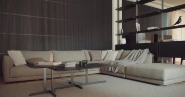 Geniş bir kanepe, minimalist raflar ve nötr tonlarla donatılmış sofistike ve rahat bir modern oturma odası. Tasarım ilhamı için mükemmel. Zarif Koltuğu ve Minimalist Dekorasyonu olan Modern Oturma Odası