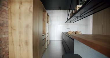 Modern ve geniş ahşap mutfak odası. Gayrimenkul. Ada ve sandalyeli lüks mutfak. Lüks evdeki modern iç mekan ve yemek odası. Yeni Ev 'de minimalist tasarım. İçi rahat..