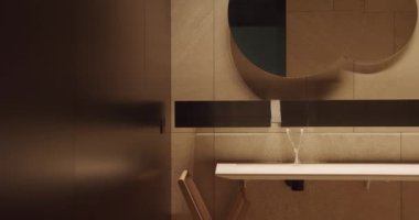 Zarif bir şekilde tasarlanmış minimalist bir banyo. Arka planda bir ayna, parlak ahşap bir raf ve rahatlatıcı, çağdaş bir atmosfer yaratan yumuşak bir ortam parlaklığı..