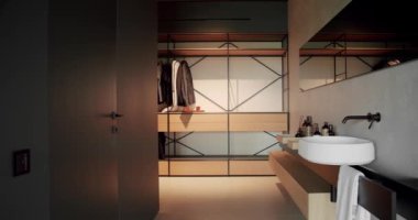 Lüks Banyo İçi siyah, gri ve beyaz renklerde kahverengi renkli ahşap ve banyo aksesuarlı minimalist iç mimari, basitlik tasarımı olan modern banyo. Lüks Banyo İçi.