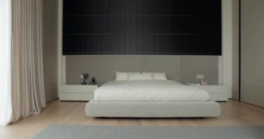 Minimalist tasarımı, nötr renk paleti ve temiz çizgileri olan zarif bir modern yatak odası. Çağdaş iç mekanların mükemmel bir tasviri. Modern Minimalist Yatak Odası Tasarımı