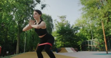 Siyah spor giysili esmer kadın egzersiz minderinde egzersiz yapıyor ve elastik direniş bandıyla çömeliyor. Genç bayan spor malzemeleriyle dışarıda egzersiz yapıyor. Crossfit sağlıklı konsept