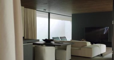 Şık mobilyaların, büyük bir televizyonun ve ince doğal ışıklandırmanın yer aldığı modern bir oturma odasının zarif iç mekanı. Mobilyalı ve Doğal Işıklı Modern Oturma Odası