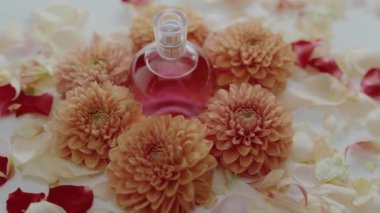 Canlı turuncu kasımpatılar ve narin gül yapraklarının arasına yerleştirilmiş pembe bir parfüm şişesinin büyüleyici görüntüsü lüks ve romantizmi çağrıştırıyor. Taze çiçeklerle çevrili parfüm şişesi