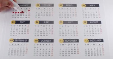 Yıllık takvimde günleri kırmızı işaretli kalemle işaretleyen, zamanın akışını ve olayların ya da teslim tarihlerinin takibini belirten bir elin yakın çekimi.