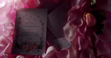 Pembe gül yaprakları ve pembe bir gülle çevrili zarif bir düğün davetiyesi romantik ve rüya gibi bir atmosfer yaratıyor. Pembe Gül ve Yapraklı Zarif Düğün Davetiyesi