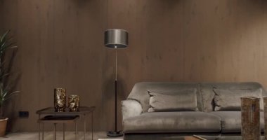 Gri kanepeli, sandalyeli lüks Modern Ev İçi. Moda mobilyalar. Minimalist İç İşleri. Samimi Modern Mobilya Tasarımı. Lüks Zarif Oda. Gayrimenkul özel evi.