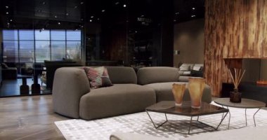 Gri kumaş mobilyalı modern Minimalist oturma odası. Moda mobilyalar. Minimalist İç İşleri. Samimi Modern Mobilya Tasarımı. Lüks Zarif Oda. Gayrimenkul özel evi.