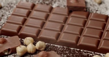 Taşra yüzeyinde fındık ve çikolata parçalarıyla çevrili cazip bir sütlü çikolata. Tatlı, aperatif ya da gurme cazibesi için mükemmel. Lezzetli Sütlü Çikolata