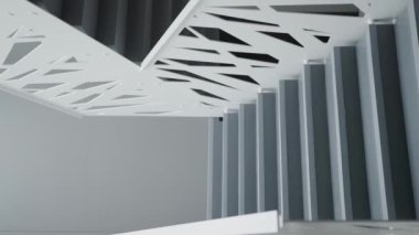 Siyah beyaz merdivenleri olan modern bir daire. Çatı katının modern iç mekanı. Ahşap siyah merdivenler. Modern Minimalist oturma odası. Dikey video. Çağdaş iç tasarım ögeleri.