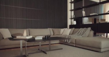 Şık ve ferah bir oturma odası, büyük L şeklinde bir kanepe, şık bir raf, havalı siyah aksanlar, ve yumuşak bir ışık, sıcak, misafirperver bir atmosfer yaratıyor. Zarif Modern Oturma Odası