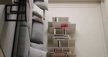 Kitaplarla dolu şık bir kitaplığın olduğu çağdaş bir oturma odası ve peluş yastıklarla süslenmiş rahat gri bir kanepe. Minimalist ve samimi iç tasarım. Şık bir kitaplık. Dikey