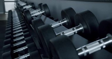 Modern bir spor salonundaki tertipli bir halterin yakın çekim görüntüsü kullanıma hazır bir dizi ağırlık sergiliyor. Bir Dambıl Dizisi Sunan Profesyonel Spor Salonu