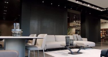 Bej ve beyaz mobilyalı modern Minimalist oturma odası. Moda mobilyalar. Minimalist İç İşleri. Samimi Modern Mobilya Tasarımı. Lüks Zarif Oda. Gayrimenkul özel evi.