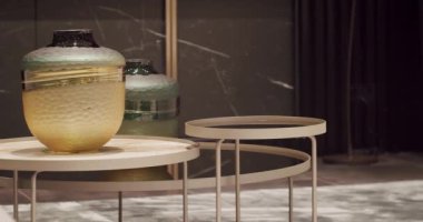Modern Minimalist Round Table in Contemporary Interior in living room. Home luxury decor. Loft cozy apartment.