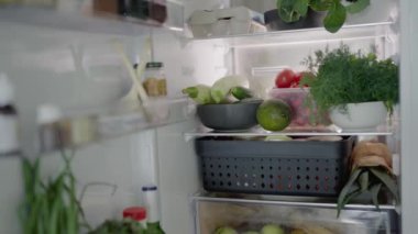 Taze sebze ve otlarla dolu iyi organize edilmiş bir buzdolabı, salatalık, domates, avokado ve yapraklı yeşillikler içeren sağlıklı malzemeler sergiliyor..