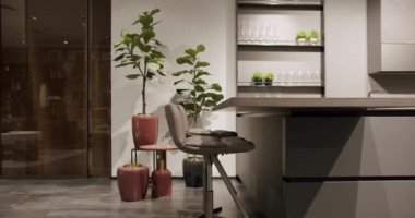 Modern gri ve beyaz mutfak mobilyaları. Yemek odasında zarif ve rahat bir ev var. Modern lavabosu olan yerli mutfak. Minimalist yemek masası olan modern mutfak odası. Modern Minimalist Ev.